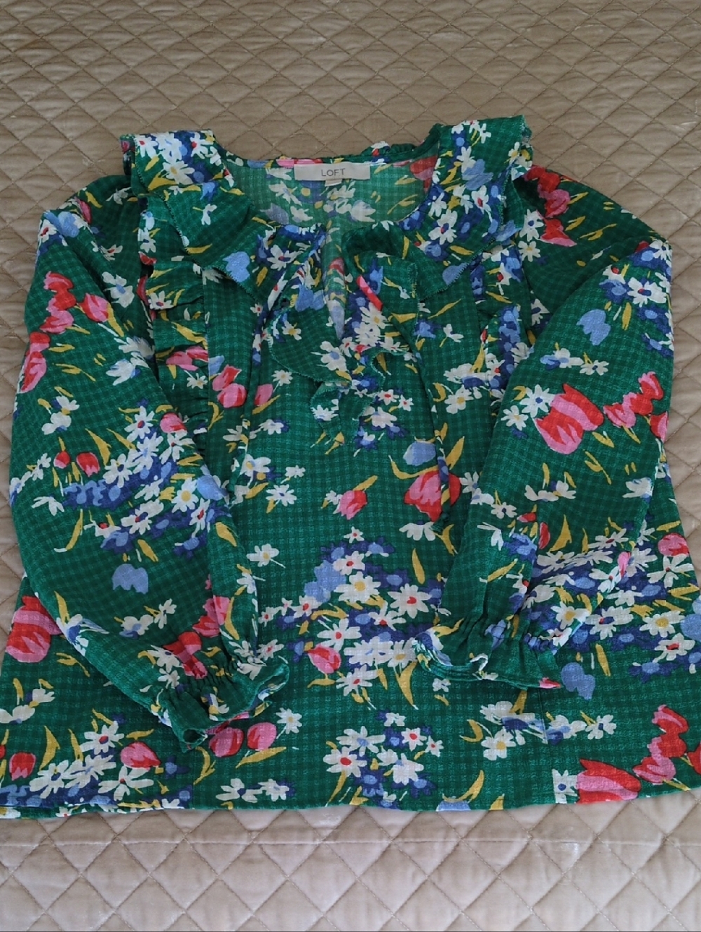 LOFT Green Floral Ruffle-Neck Long-Sleeve Blouse
